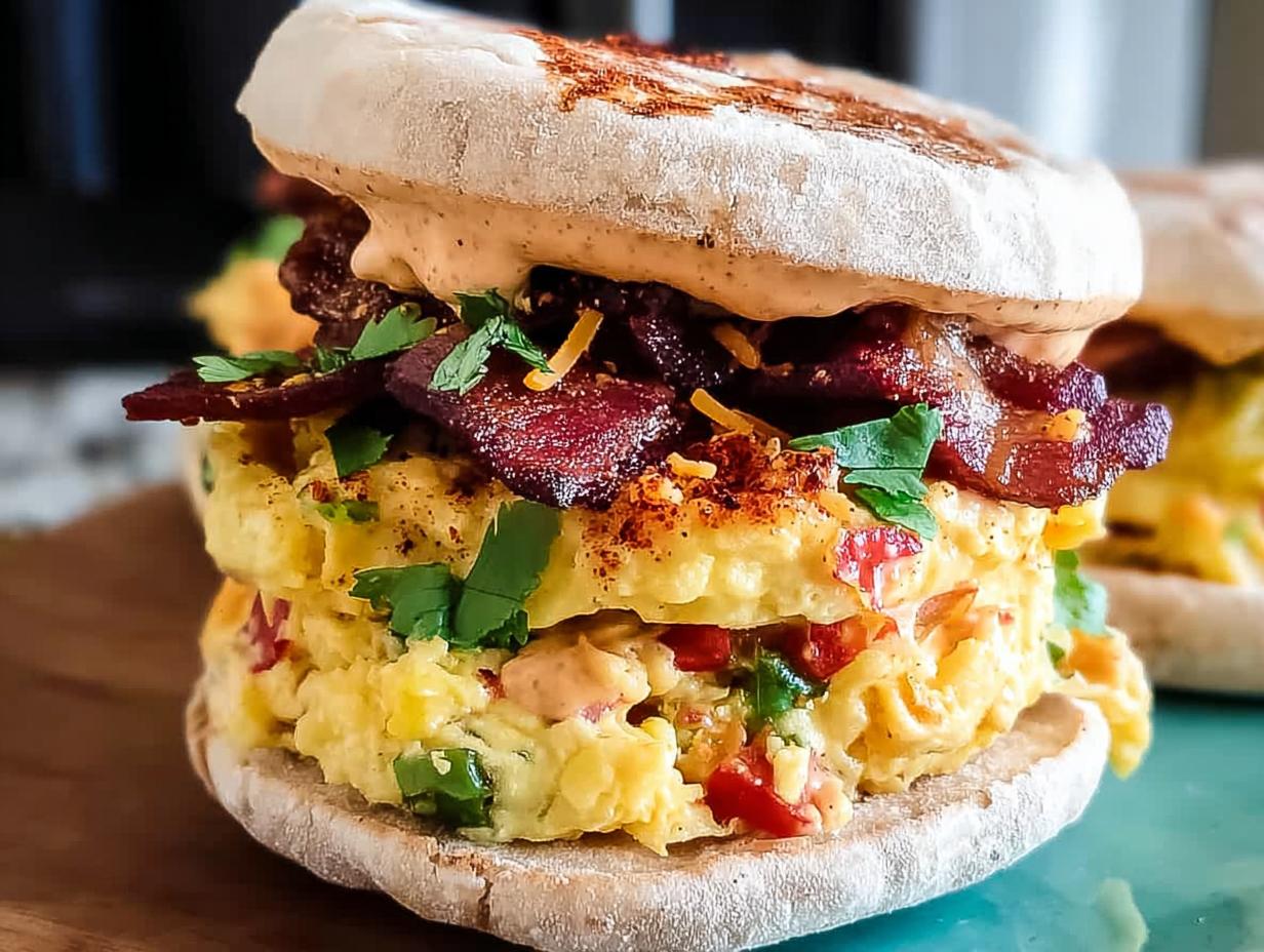A close-up of a Spicy Chipotle Egg Breakfast Sandwich stacked high with scrambled eggs, bacon, and fresh herbs.