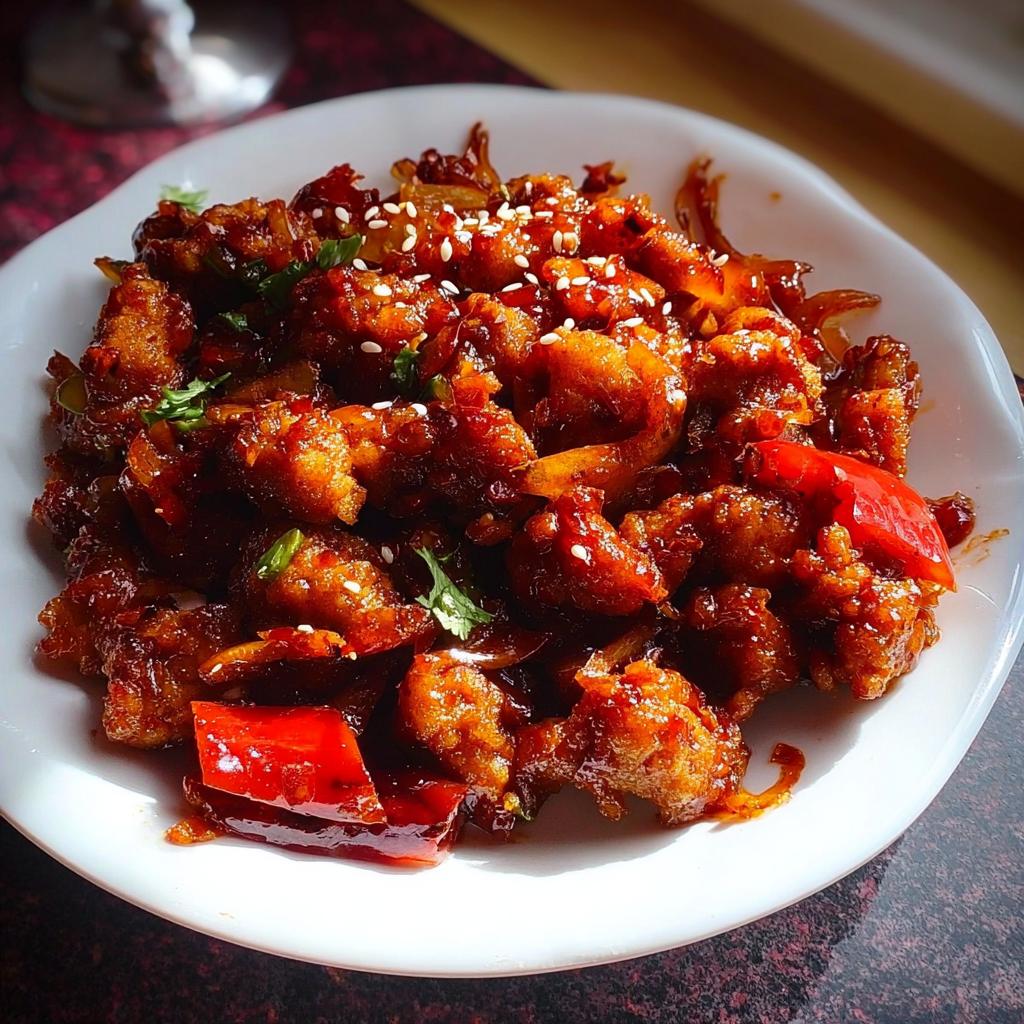 Close-up of Spicy Dragon Chicken, a popular Indo-Chinese dish, coated in a glossy, dark sauce with red peppers and sesame seeds.