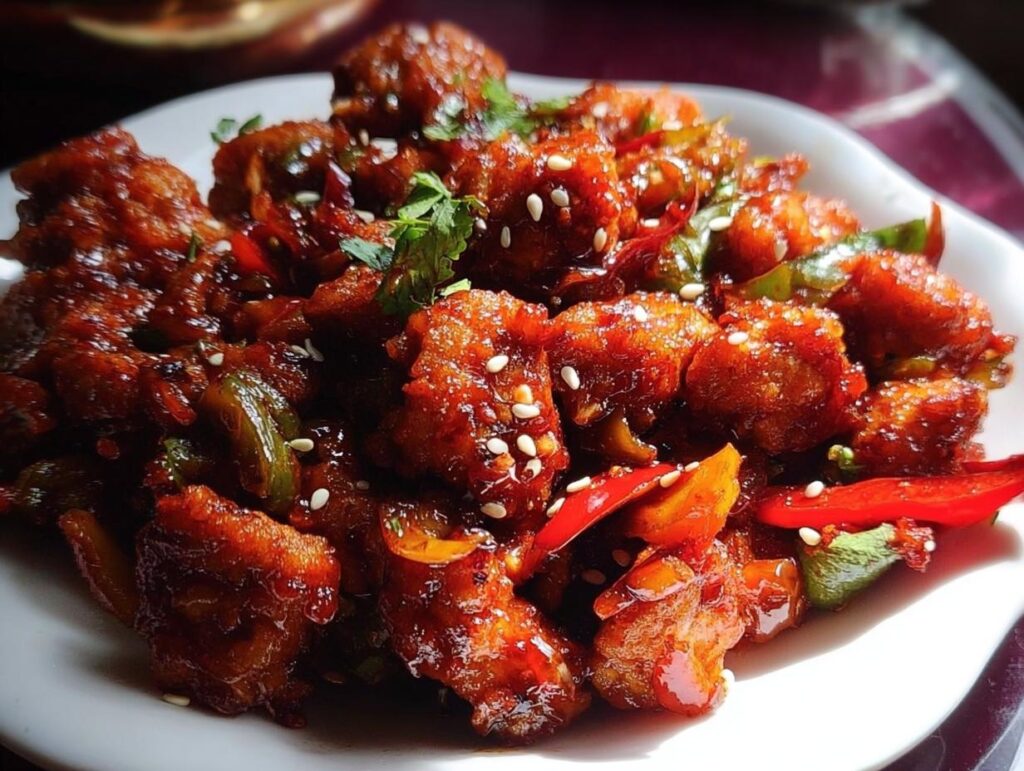 A close-up of Spicy Dragon Chicken, a popular Indo-Chinese dish, featuring crispy fried chicken pieces coated in a glossy, spicy sauce with bell peppers and chili.