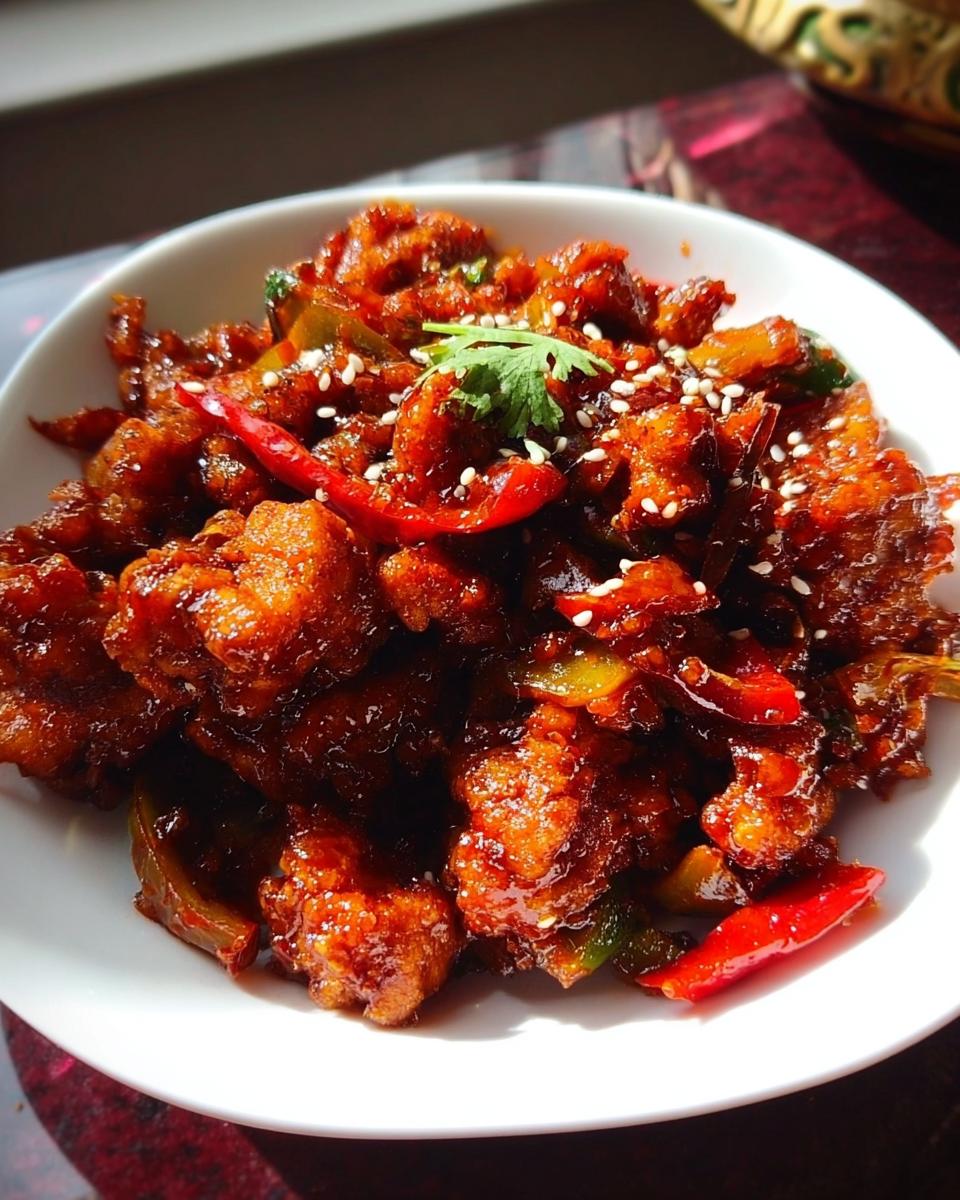 Close-up of Spicy Dragon Chicken, a flavorful Indo-Chinese dish with crispy chicken pieces, red chilies, and sesame seeds.