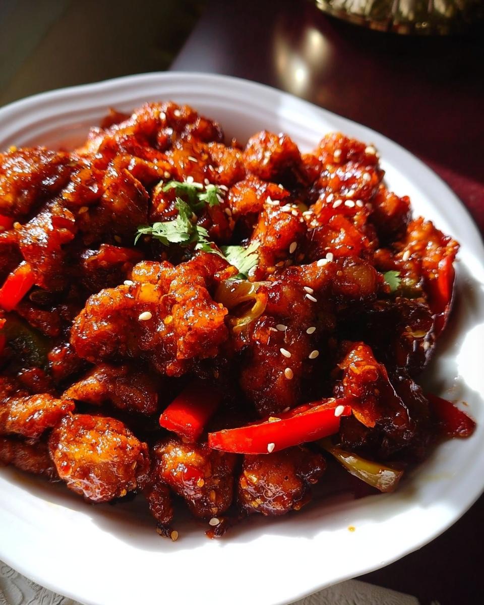 A close-up of Spicy Dragon Chicken, featuring crispy fried chicken pieces coated in a glossy, red chili sauce, garnished with sesame seeds and cilantro.