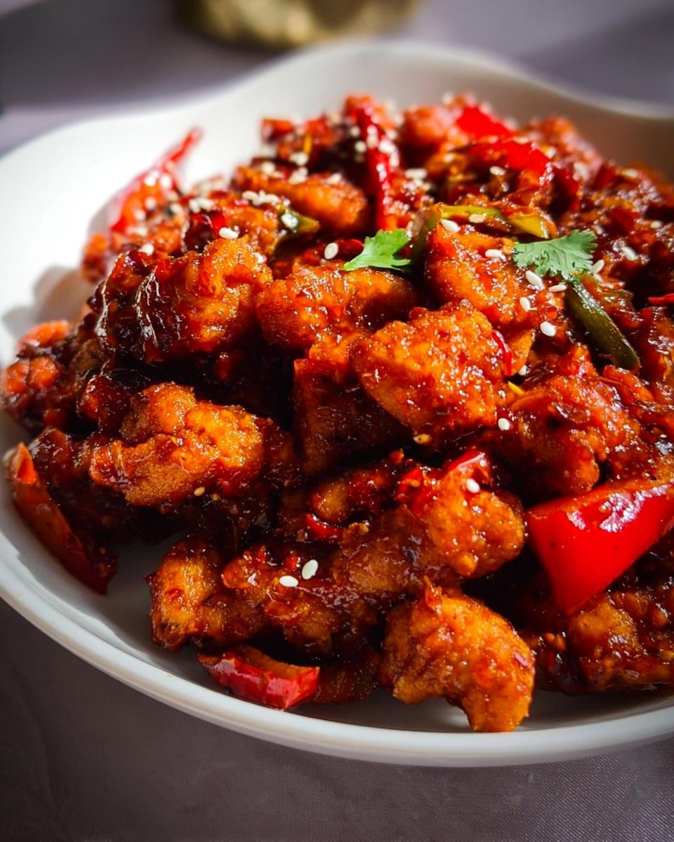 Close-up of Spicy Dragon Chicken, coated in a glossy red sauce with chili peppers and sesame seeds.
