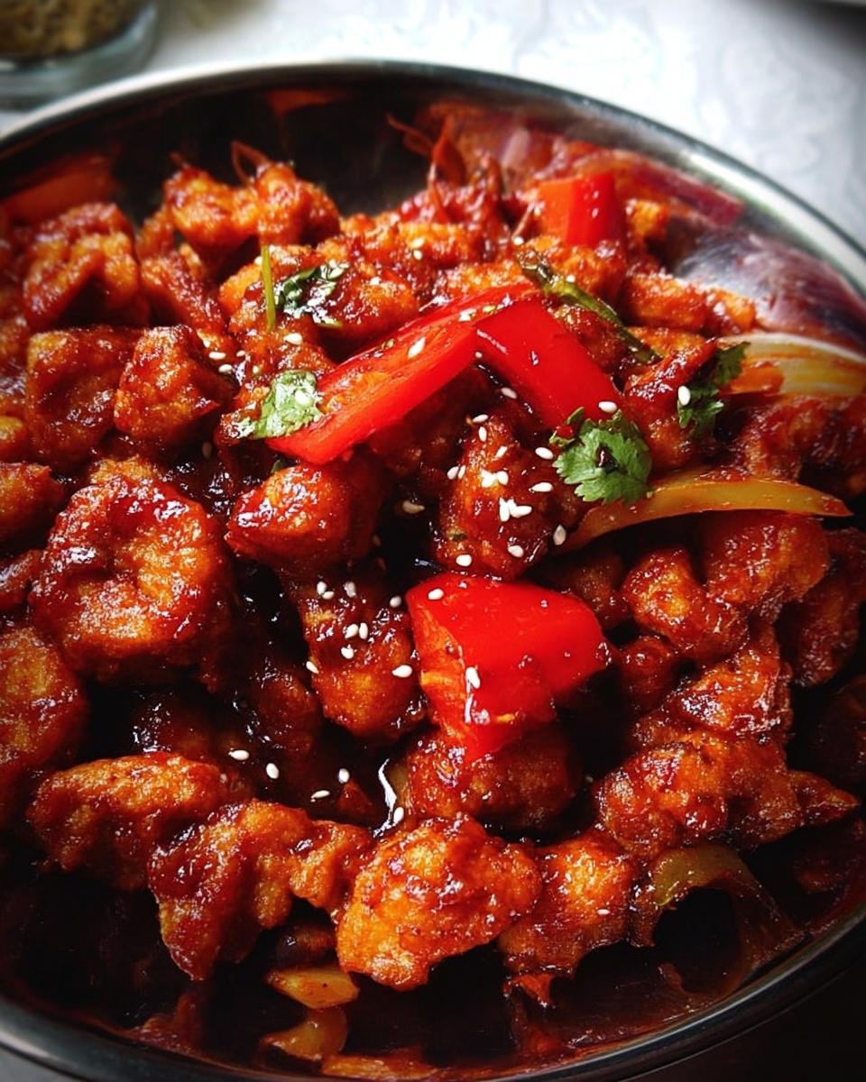 Close-up of Spicy Dragon Chicken, a quick Indo-Chinese meal with glistening chicken pieces, red bell peppers, and sesame seeds.