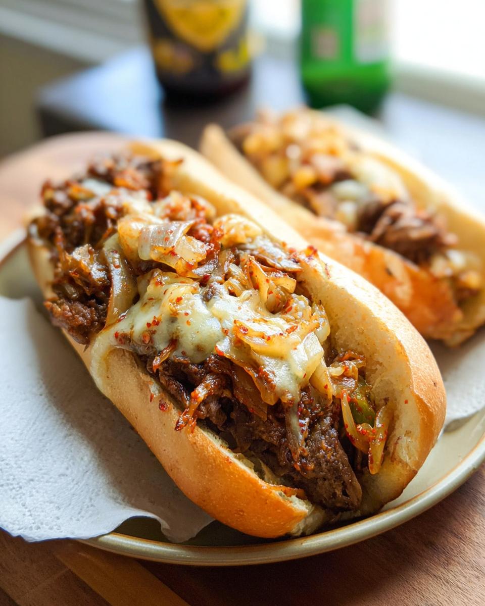 A close-up of a delicious Spicy Kimchi Bulgogi Cheesesteak sandwich overflowing with meat, onions, and melted cheese.