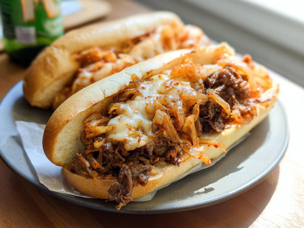 A close-up of a Spicy Kimchi Bulgogi Cheesesteak sandwich overflowing with bulgogi beef, kimchi, and melted cheese on a toasted bun.