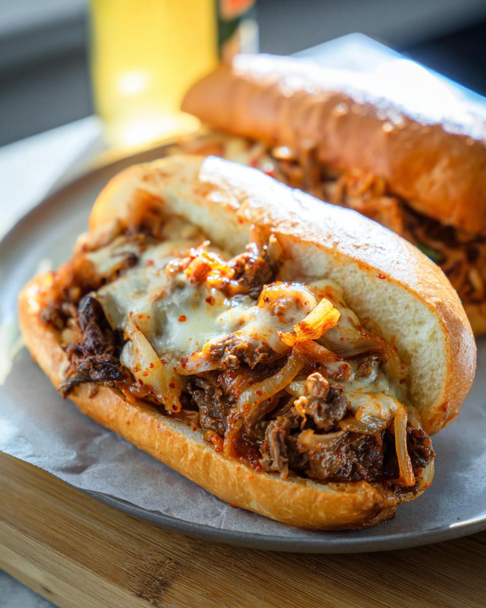 A close-up of a Spicy Kimchi Bulgogi Cheesesteak sandwich, filled with tender bulgogi beef, melted cheese, and kimchi.