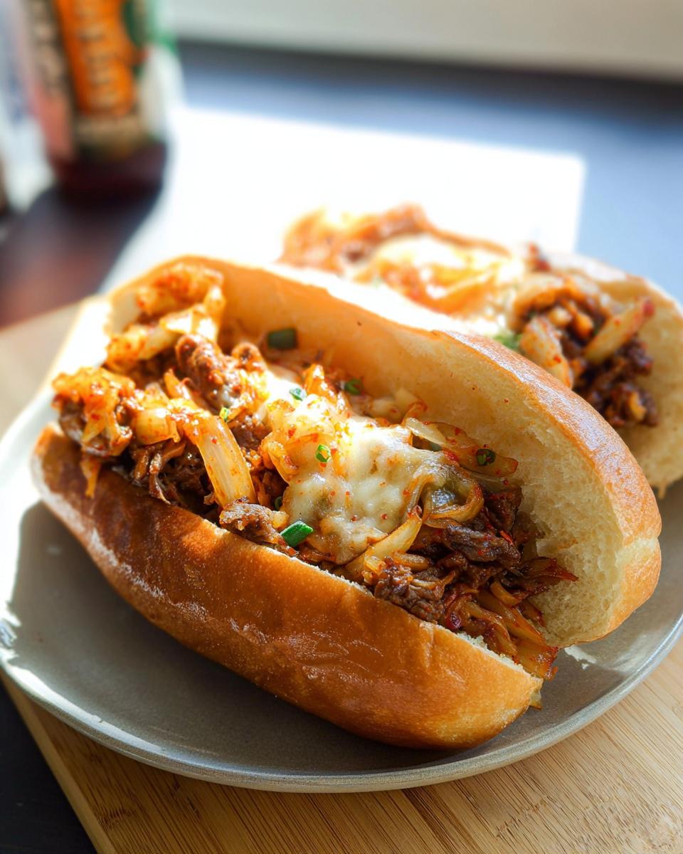 A close-up of a Spicy Kimchi Bulgogi Cheesesteak sandwich, filled with savory bulgogi, spicy kimchi, and melted cheese.