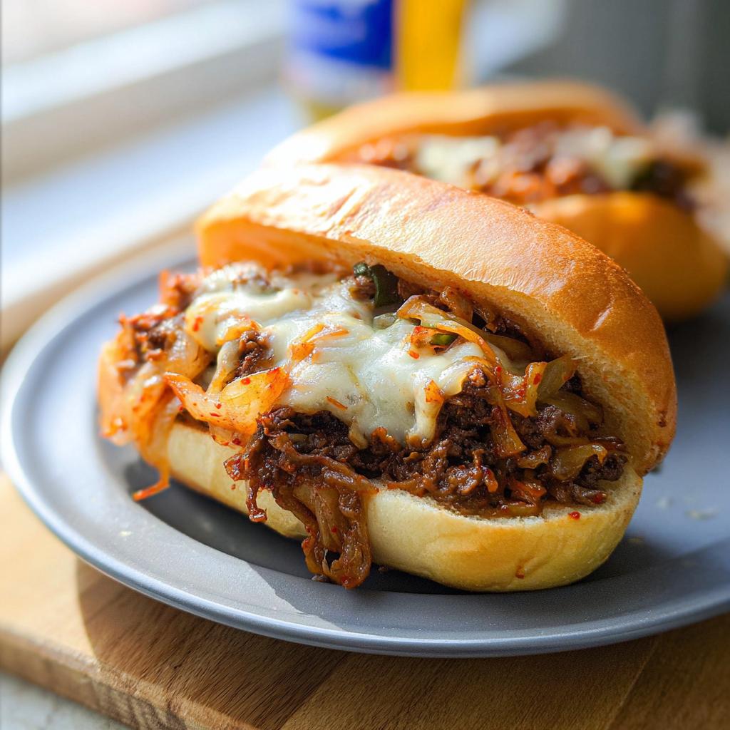 A close-up of a Spicy Kimchi Bulgogi Cheesesteak sandwich on a grey plate, with melted cheese and visible kimchi.