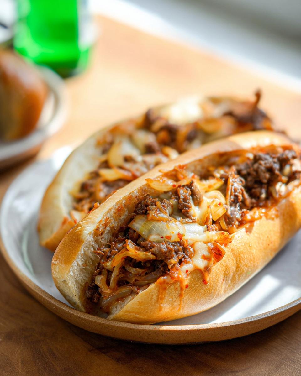 A close-up of two delicious Spicy Kimchi Bulgogi Cheesesteak sandwiches filled with seasoned beef, onions, and melted cheese.