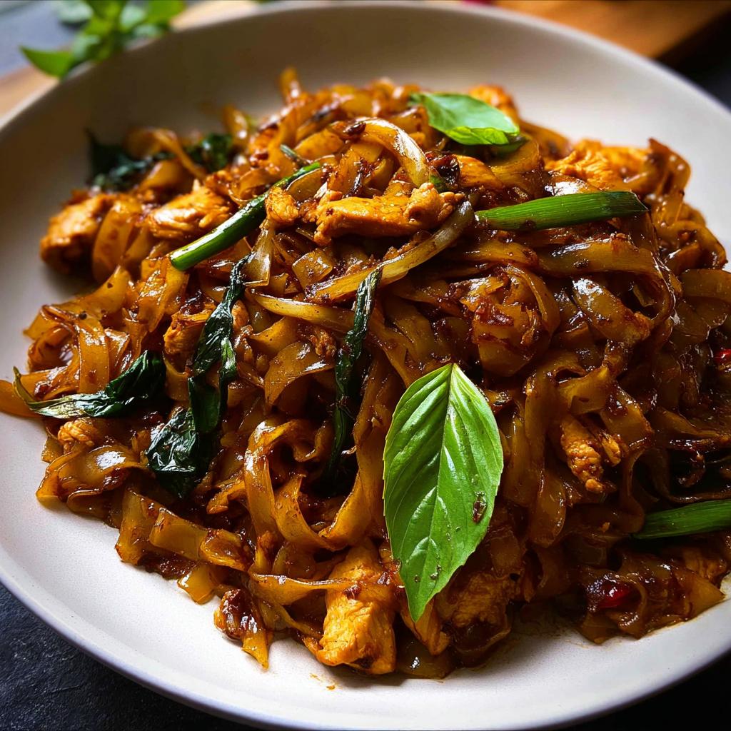 A close-up of a plate piled high with glistening Street Style Thai Drunken Noodles, featuring wide rice noodles, chicken, and fresh basil leaves.
