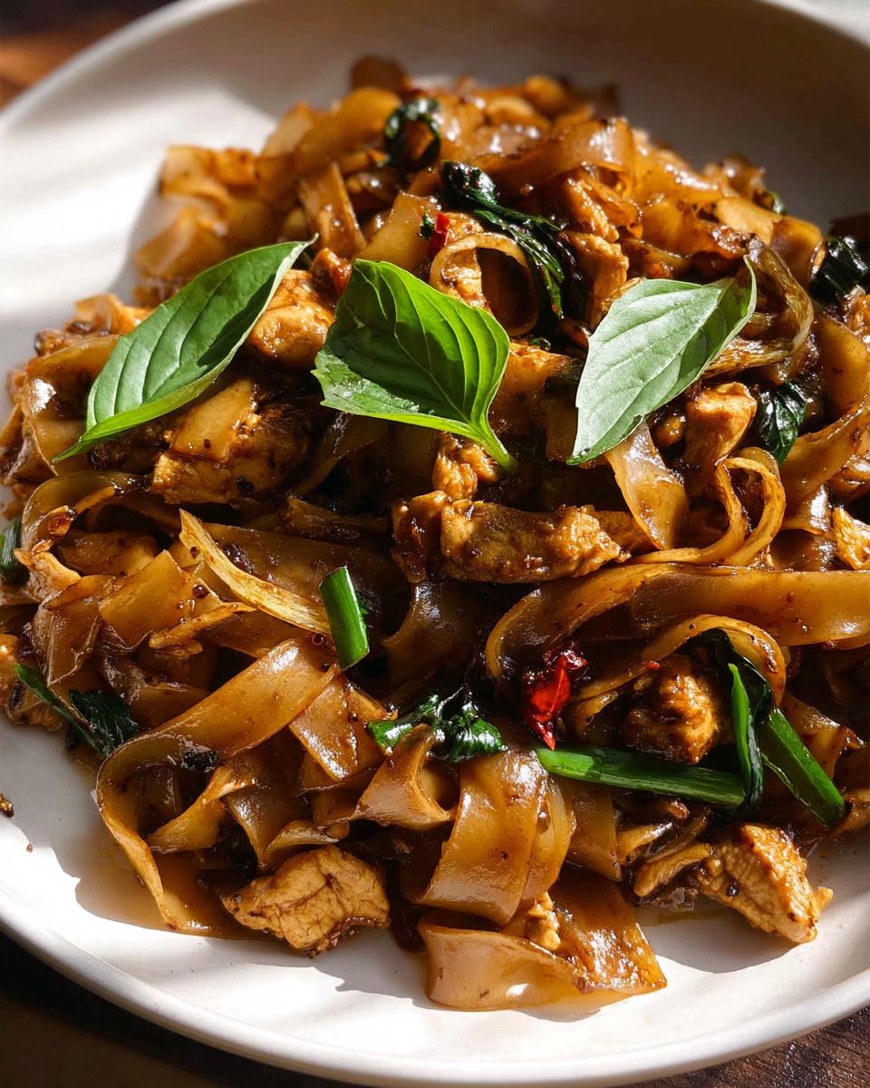A close-up of a plate of Street Style Thai Drunken Noodles with wide rice noodles, chicken, basil, and chili.