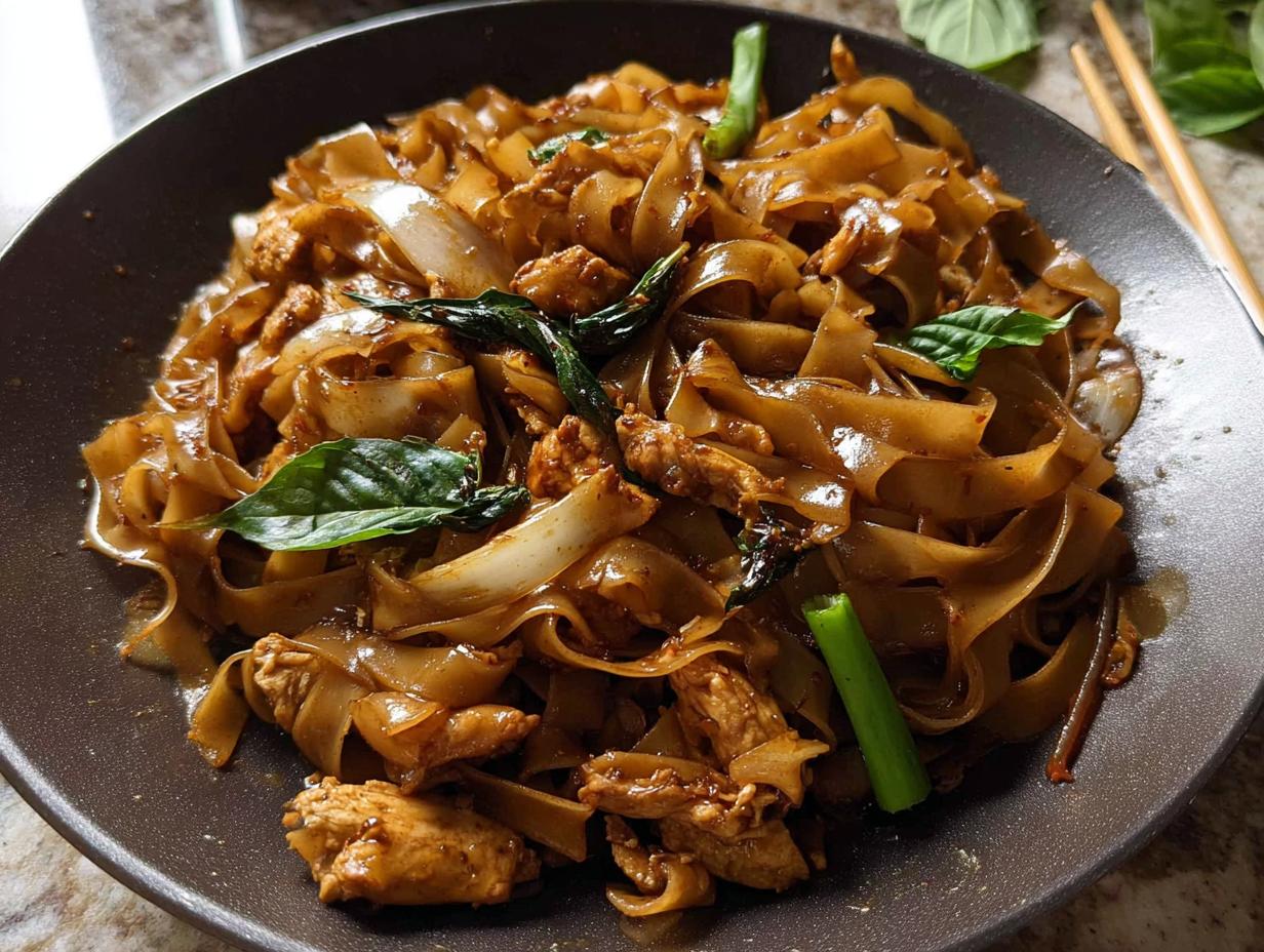 A close-up of a dark bowl filled with glossy, wide rice noodles, tender chicken pieces, and fresh basil leaves, representing Street Style Thai Drunken Noodles.