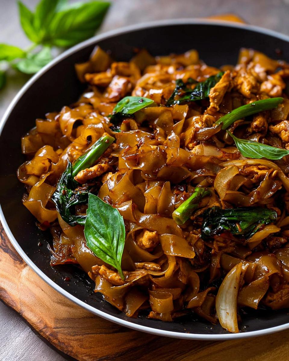 Close-up of glossy, wide rice noodles in Street Style Thai Drunken Noodles with chicken, onions, and basil.