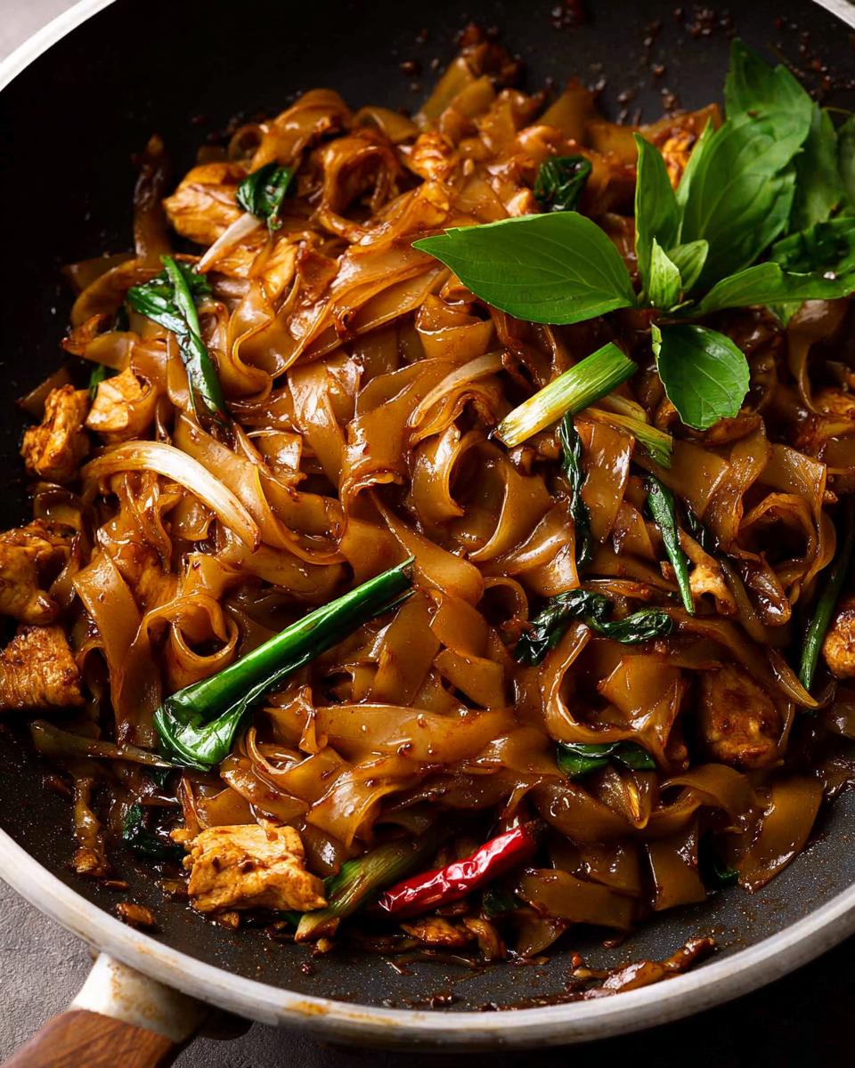 Close-up of Street Style Thai Drunken Noodles with wide rice noodles, chicken, and basil in a wok.