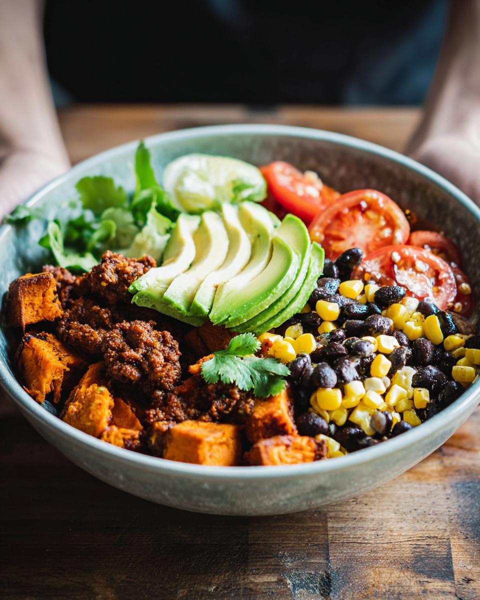 A vibrant Sweet Potato Taco Bowl filled with roasted sweet potatoes, black beans, corn, tomatoes, avocado, and cilantro.