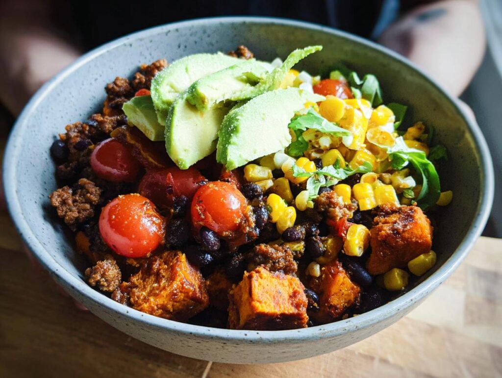 A vibrant Sweet Potato Taco Bowl filled with seasoned ground meat, black beans, corn, cherry tomatoes, and fresh avocado slices.