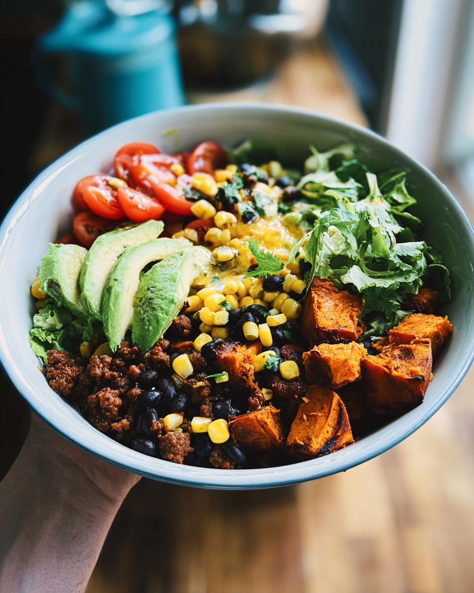 A close-up of a vibrant Sweet Potato Taco Bowl filled with seasoned ground meat, black beans, corn, avocado, tomatoes, and cilantro.