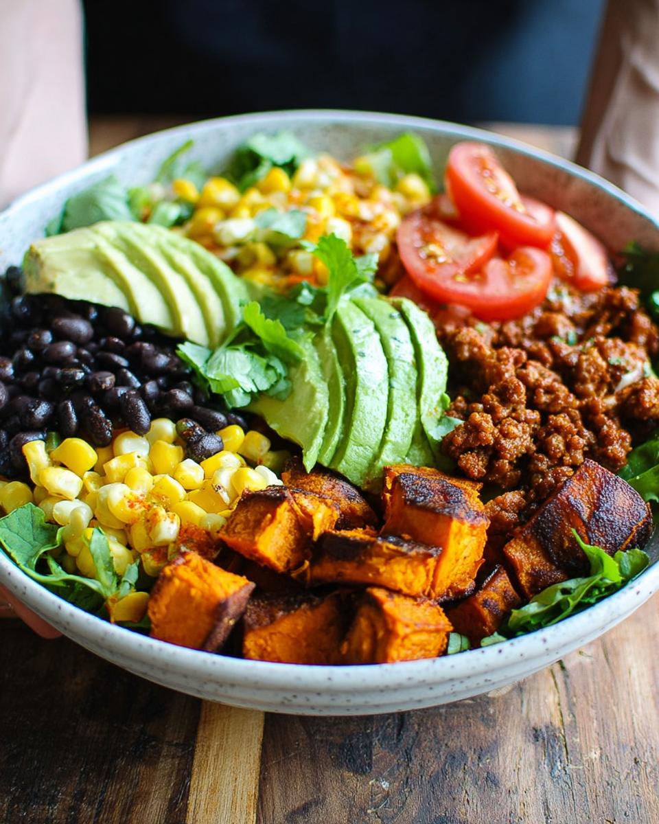 A vibrant Sweet Potato Taco Bowl filled with roasted sweet potatoes, black beans, corn, avocado, tomatoes, and seasoned ground meat.