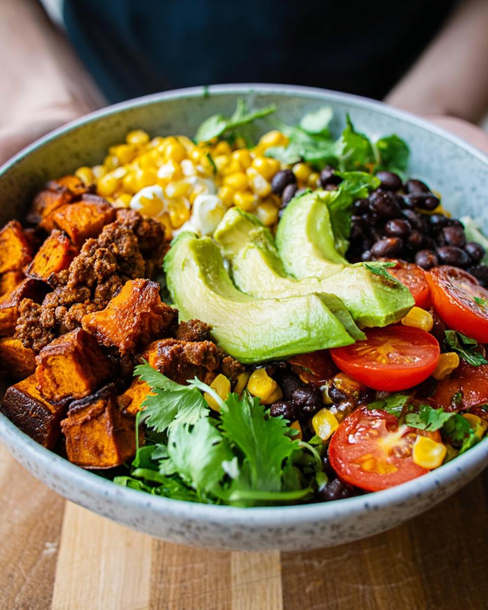 A vibrant Sweet Potato Taco Bowl filled with roasted sweet potatoes, seasoned ground meat, black beans, corn, avocado, and tomatoes.