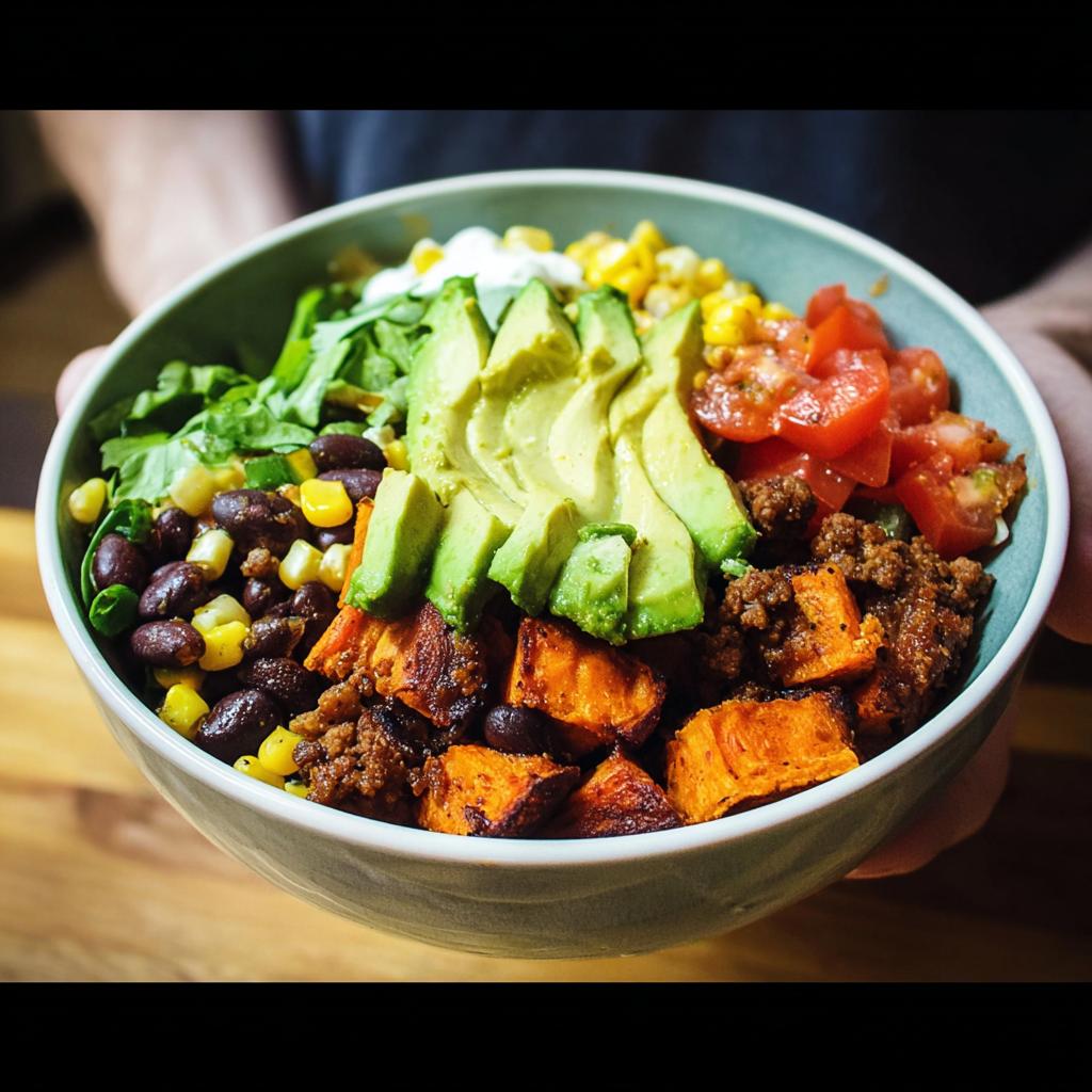 A colorful and hearty Sweet Potato Taco Bowl filled with roasted sweet potatoes, black beans, corn, avocado, tomatoes, and seasoned ground meat.