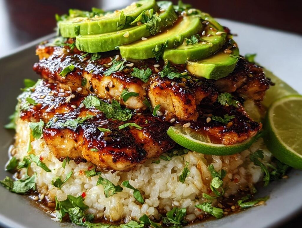A close-up of Tangy Honey Lime Chicken Delight served over rice, topped with sliced avocado and fresh cilantro.