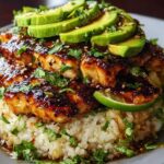 A close-up of Tangy Honey Lime Chicken Delight served over rice, topped with sliced avocado and fresh cilantro.