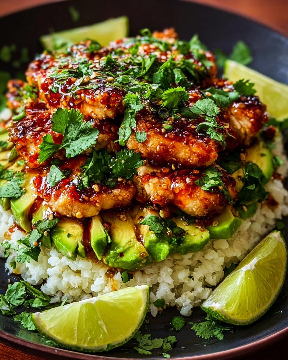 A close-up of Tangy Honey Lime Chicken Delight served over rice with sliced avocado, fresh cilantro, and lime wedges.