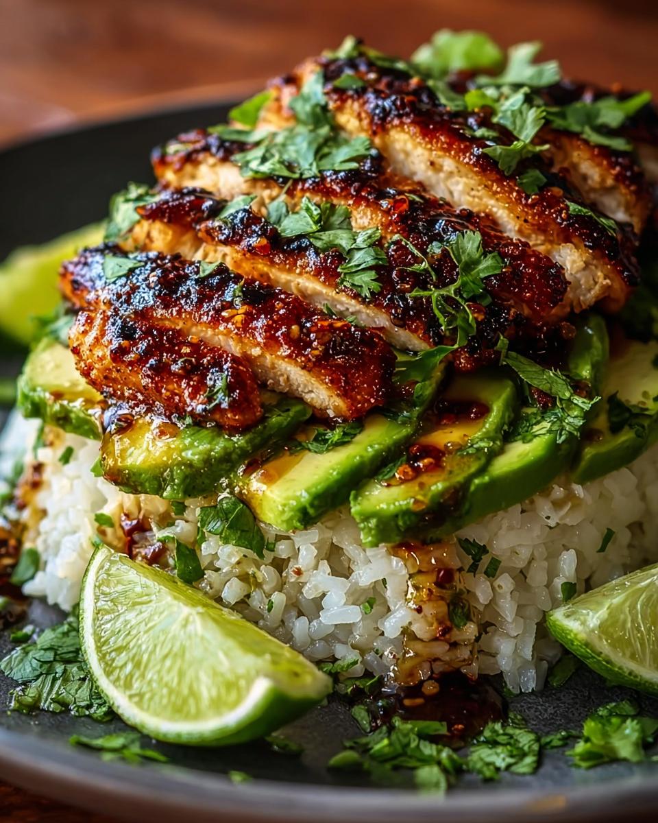 A close-up of Tangy Honey Lime Chicken Delight served over white rice with sliced avocado, lime wedges, and fresh cilantro.