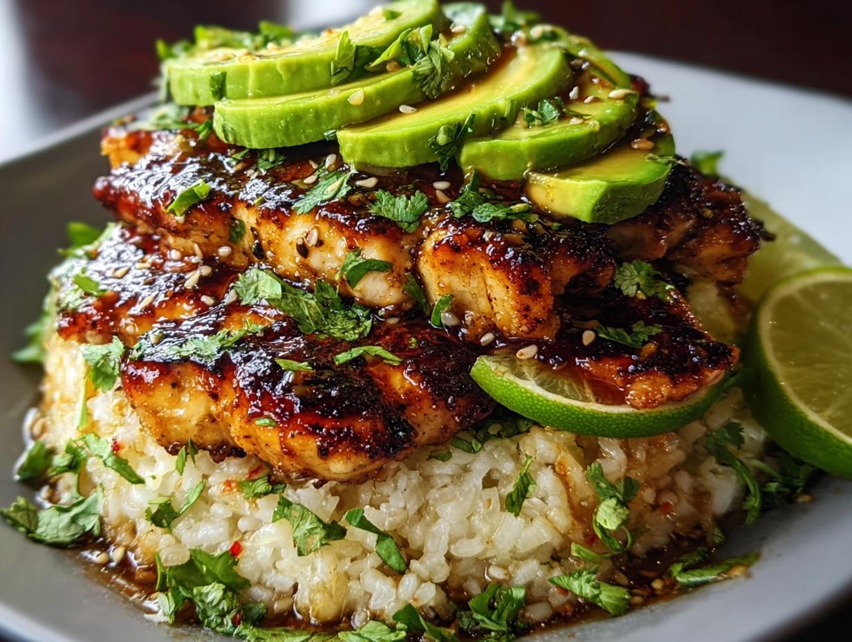 A close-up of Tangy Honey Lime Chicken Delight served over rice, topped with sliced avocado and fresh cilantro.