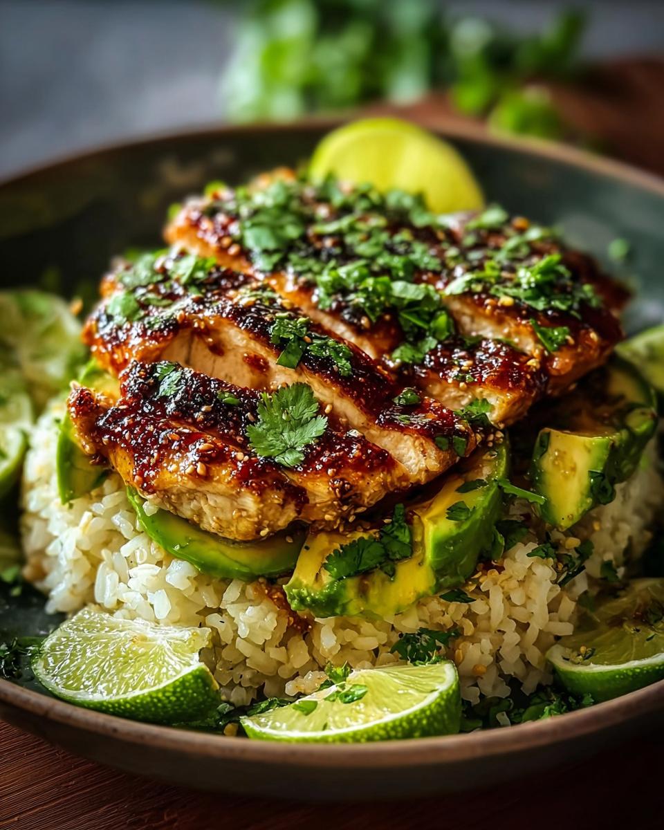 A close-up of Tangy Honey Lime Chicken Delight served over rice with sliced avocado and lime wedges, garnished with cilantro.