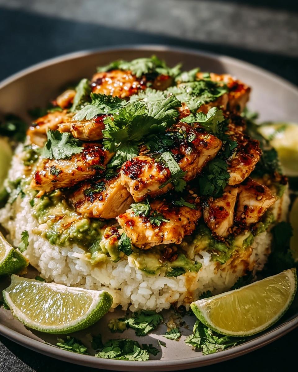 A bowl of Tangy Honey Lime Chicken Delight featuring sliced chicken, avocado, rice, cilantro, and lime wedges.