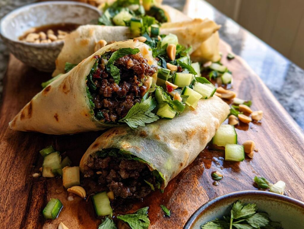 Close-up of Thai Basil Beef Rolls filled with savory ground beef and fresh herbs, topped with cucumber and peanuts.
