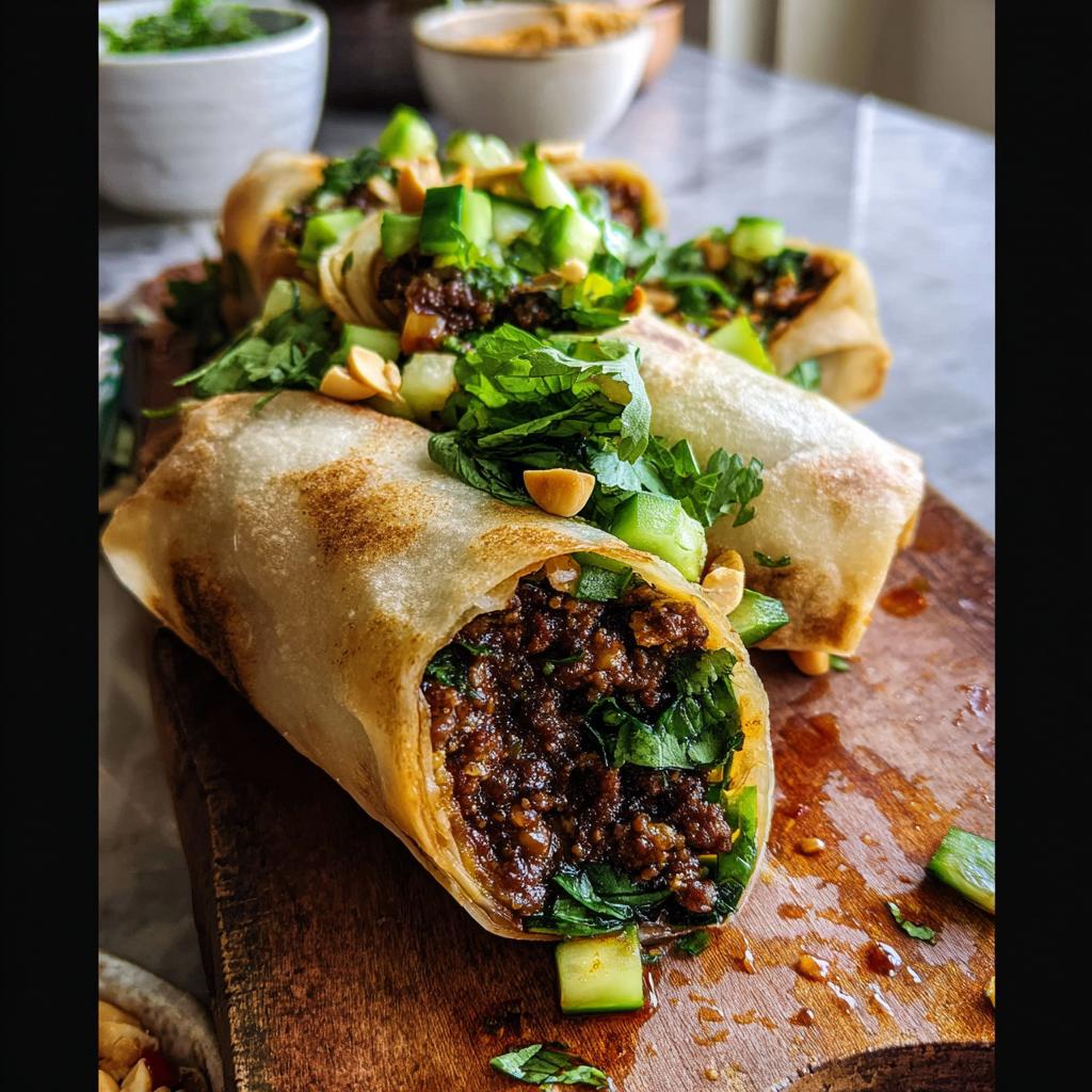 Close-up of crispy Thai Basil Beef Rolls filled with seasoned ground beef and fresh herbs, topped with cucumber and peanuts.