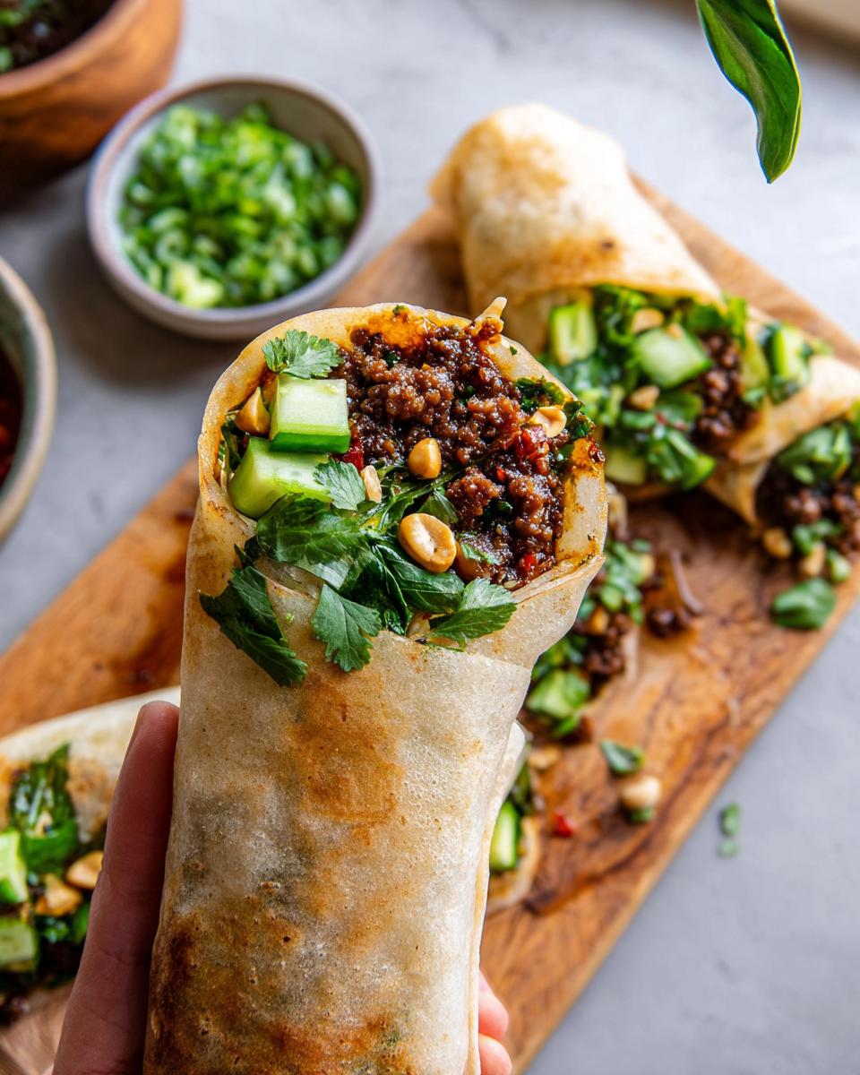 A hand holding a delicious Thai Basil Beef Roll, filled with seasoned ground beef, cucumber, and herbs.