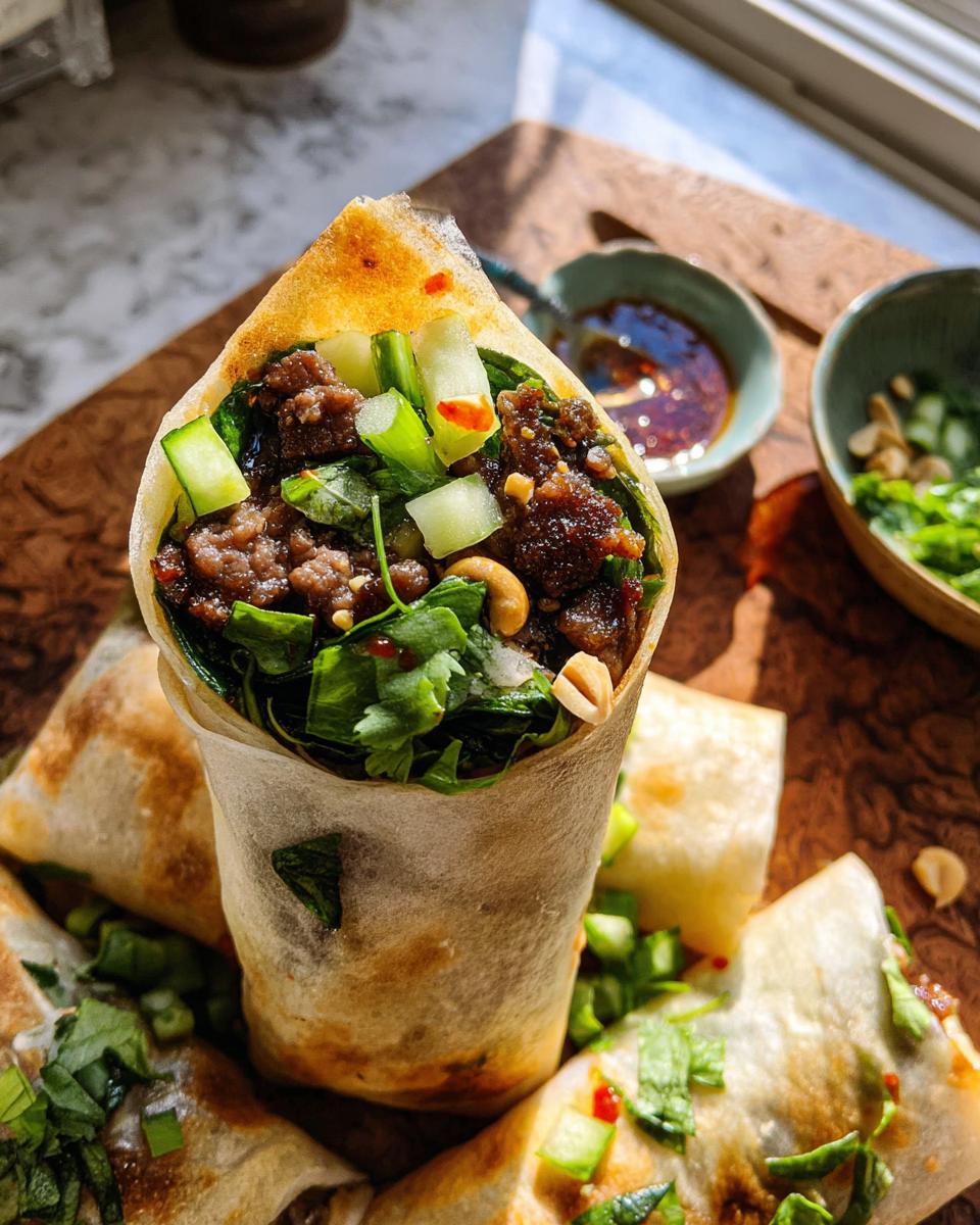 A close-up of a Thai Basil Beef Roll, filled with savory beef, fresh greens, cucumber, and scallions, with a side of dipping sauce.