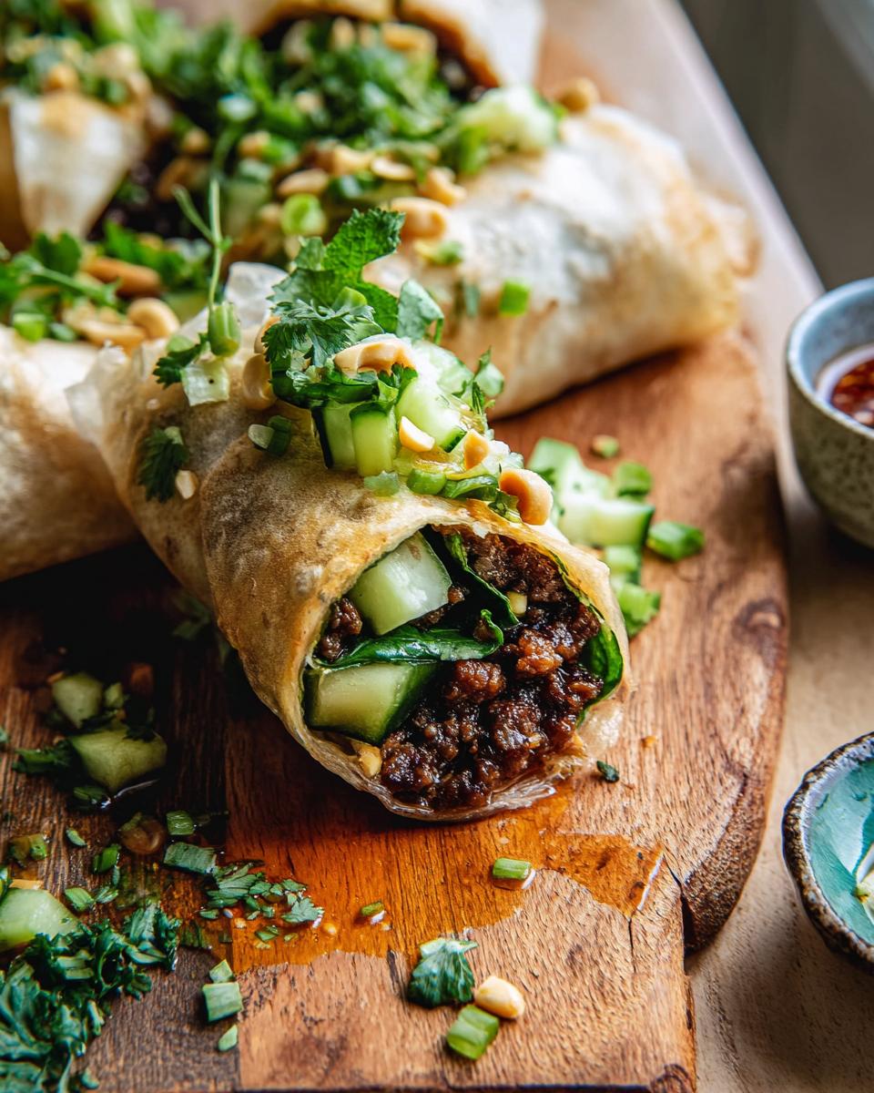 Close-up of a Thai Basil Beef Roll, filled with seasoned ground beef, cucumber, and topped with fresh herbs and chopped peanuts.