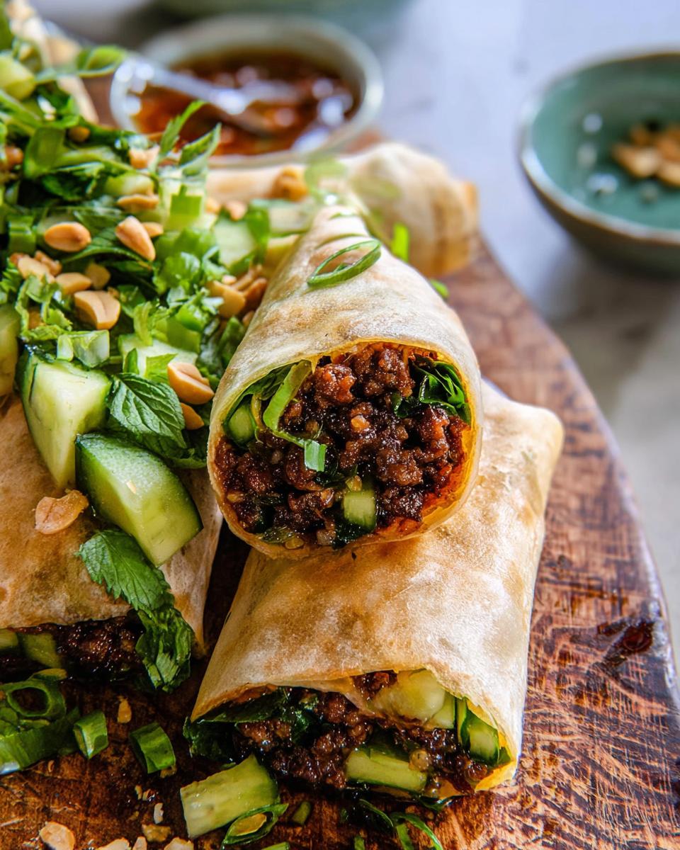 Close-up of delicious Thai Basil Beef Rolls filled with seasoned ground beef, cucumber, and fresh herbs, topped with chopped peanuts.