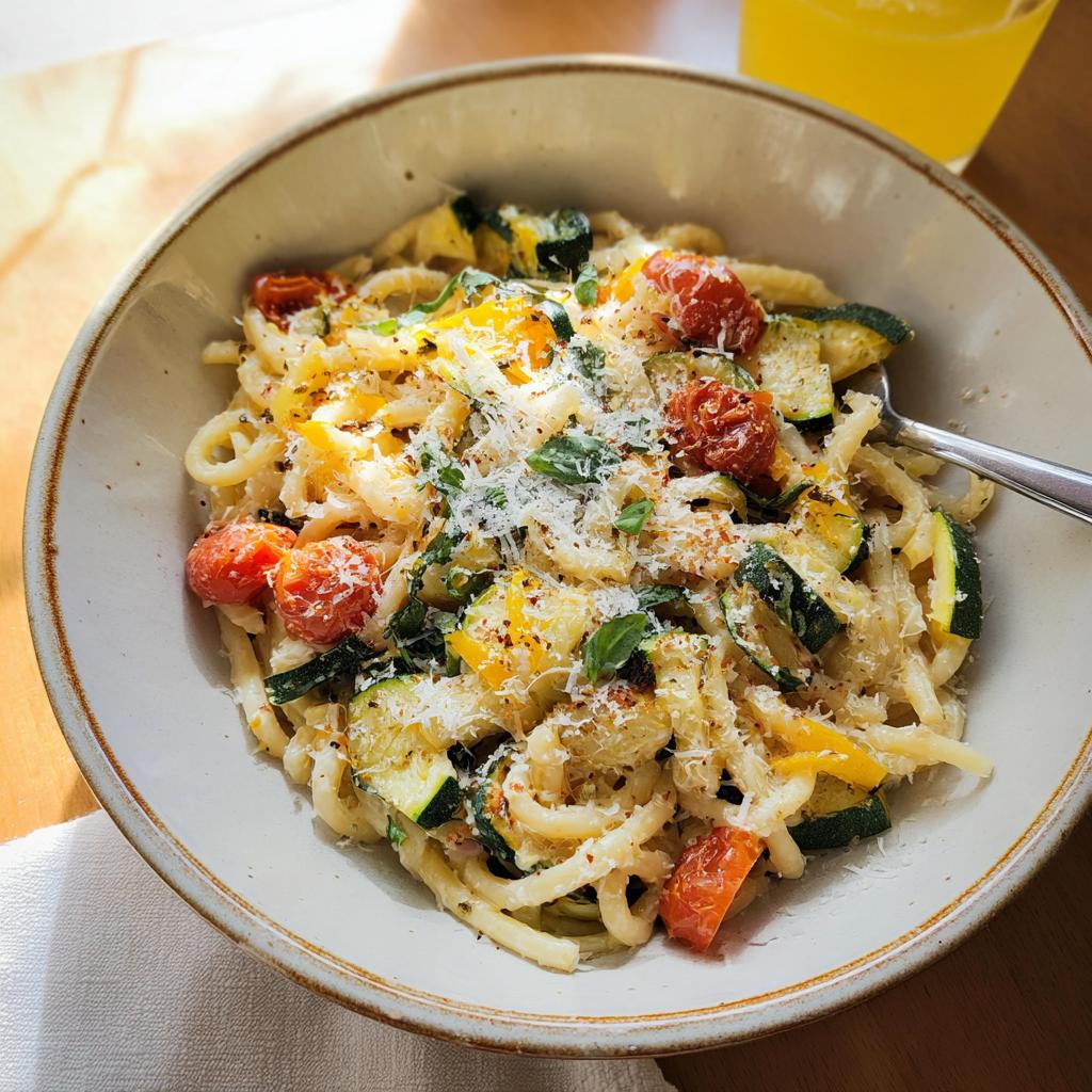 A close-up of a bowl filled with delicious Tomato Zucchini Pasta, topped with grated cheese and fresh basil.