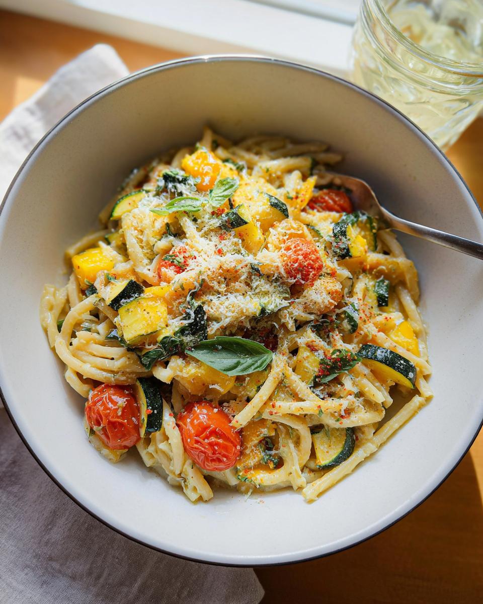 A close-up of a bowl of Tomato Zucchini Pasta with cherry tomatoes, zucchini slices, and fresh basil.