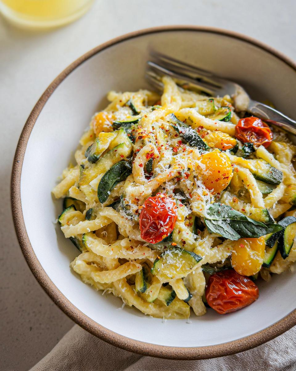 A close-up of a bowl filled with delicious Tomato Zucchini Pasta, topped with grated cheese and red pepper flakes.