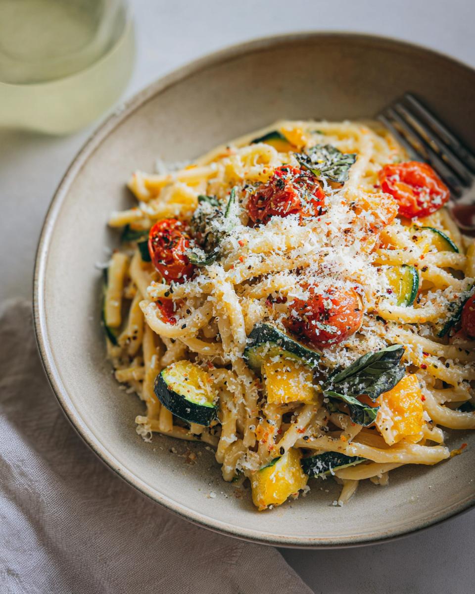 A close-up of a bowl of Tomato Zucchini Pasta, topped with grated cheese and fresh basil.