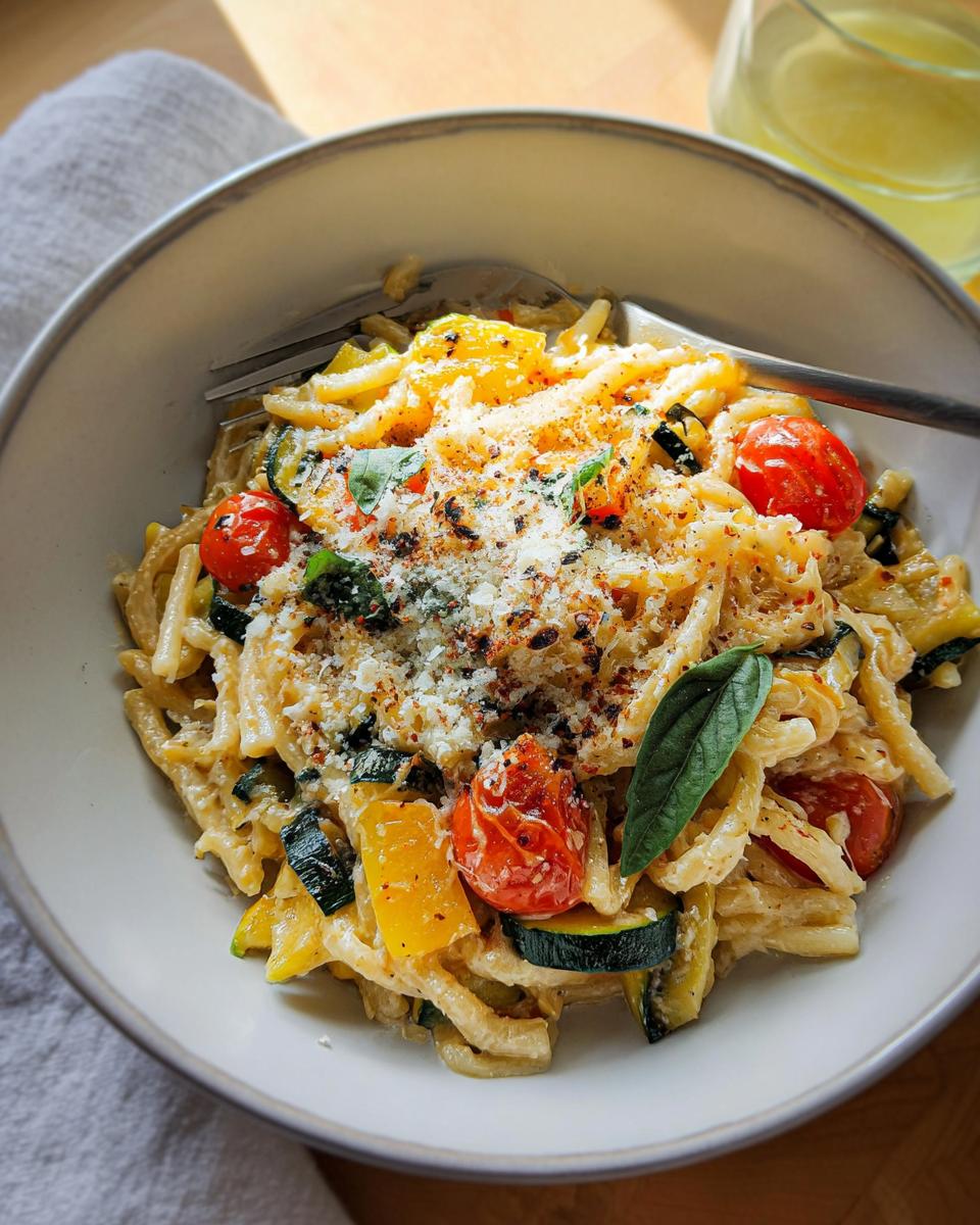 A bowl of delicious Tomato Zucchini Pasta topped with grated cheese and fresh basil.