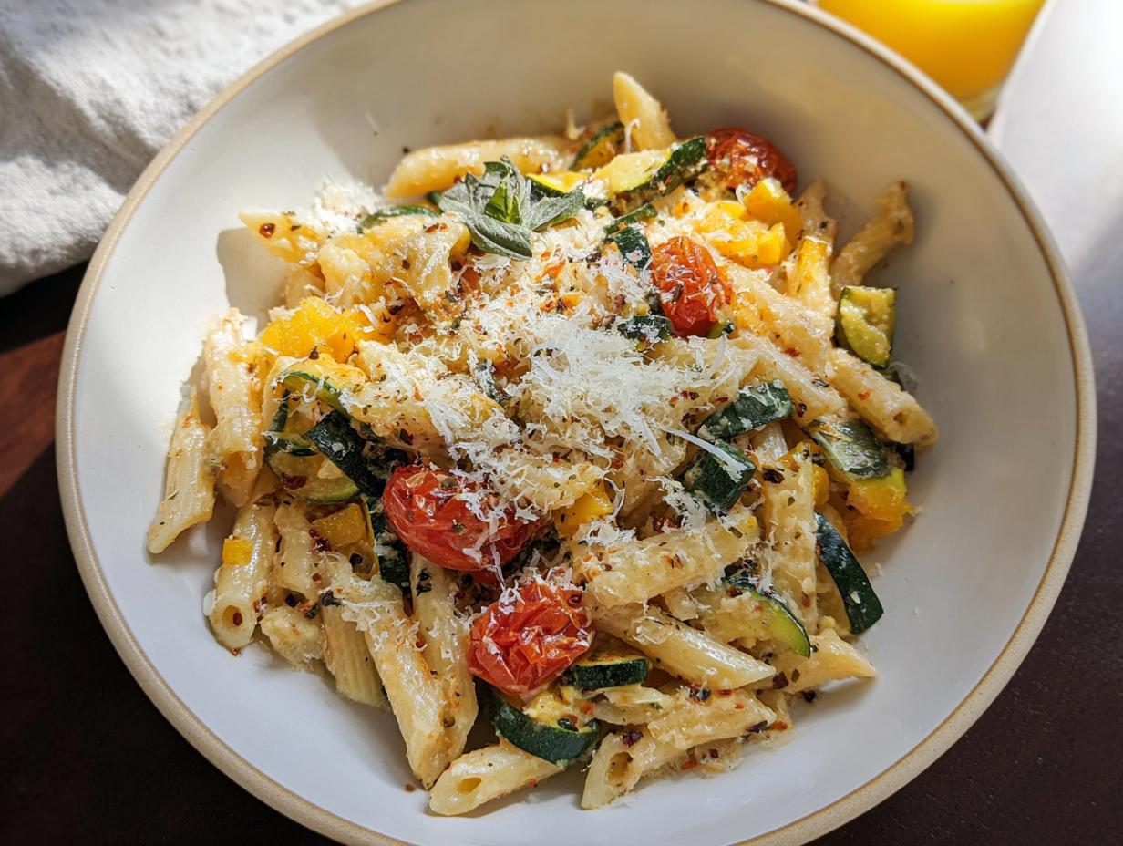 A bowl of delicious Tomato Zucchini Pasta topped with grated Parmesan cheese and fresh herbs.