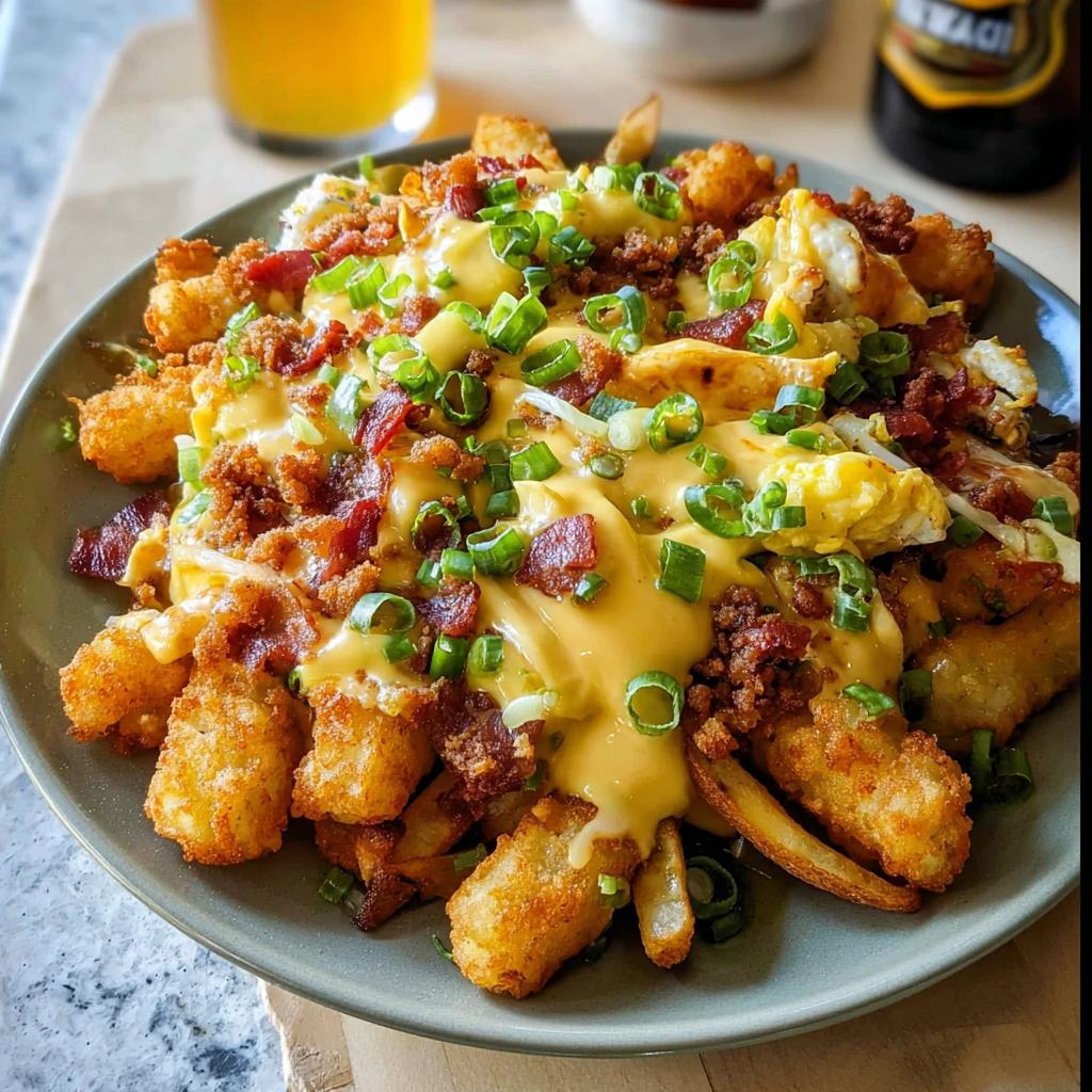 A plate of Ultimate Breakfast Poutine topped with creamy hollandaise sauce, bacon, scrambled eggs, and green onions.