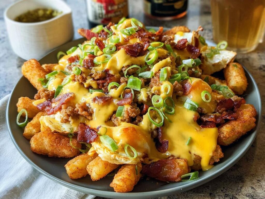 A plate of Ultimate Breakfast Poutine topped with creamy hollandaise sauce, bacon, sausage, and green onions.