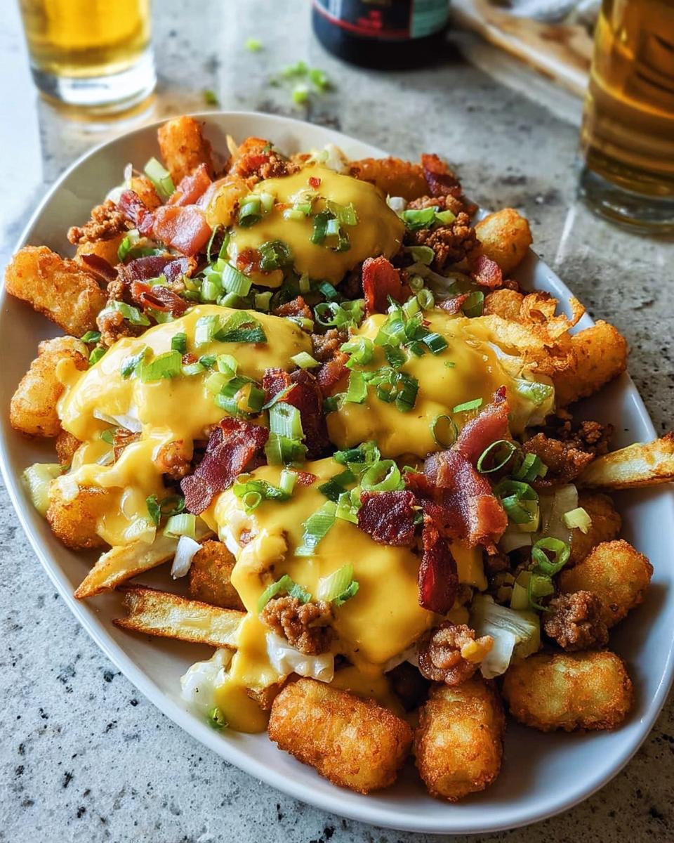 A generous serving of Ultimate Breakfast Poutine with crispy tater tots, fries, crumbled sausage, bacon, and creamy hollandaise sauce, topped with green onions.