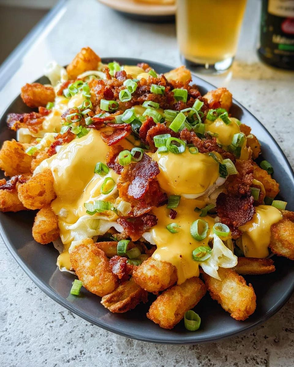 A plate of Ultimate Breakfast Poutine topped with crispy tater tots, bacon, green onions, and creamy hollandaise sauce.
