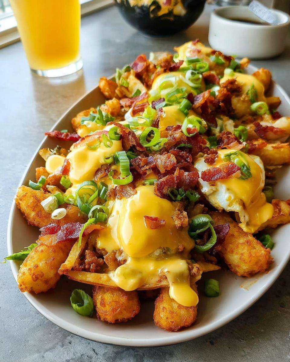 A plate of Ultimate Breakfast Poutine topped with crispy bacon, green onions, and creamy hollandaise sauce.