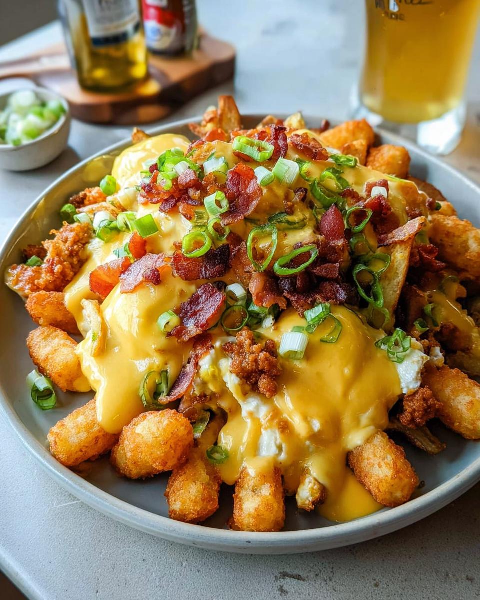 A plate of Ultimate Breakfast Poutine topped with creamy hollandaise sauce, bacon, and green onions.