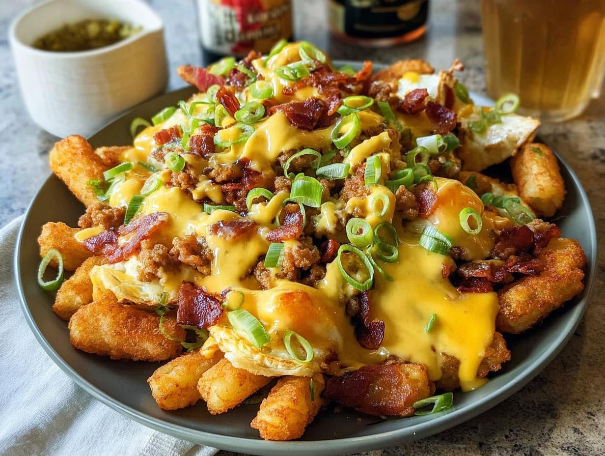 A plate of Ultimate Breakfast Poutine topped with creamy hollandaise sauce, bacon, sausage, and green onions.